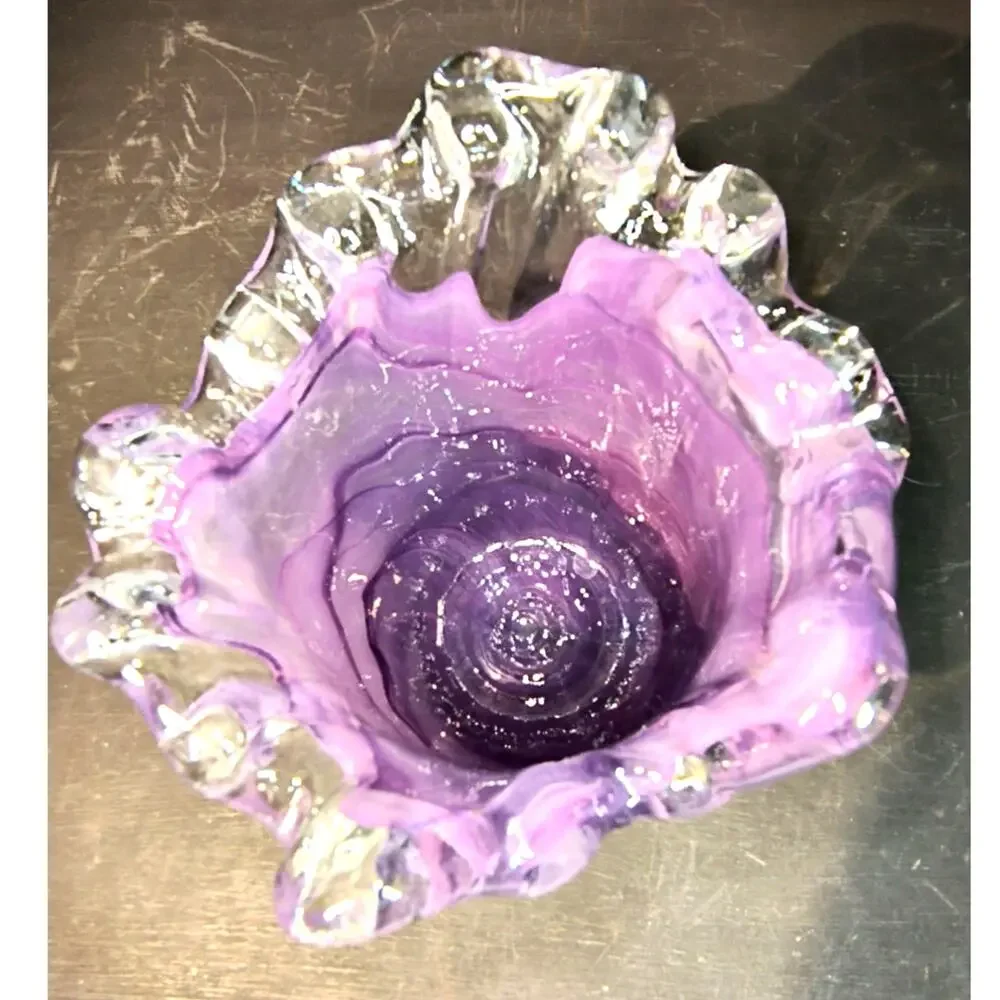 1967.  Murano Style Lavender Purple Glass Vase Art Glass Ruffled Rim